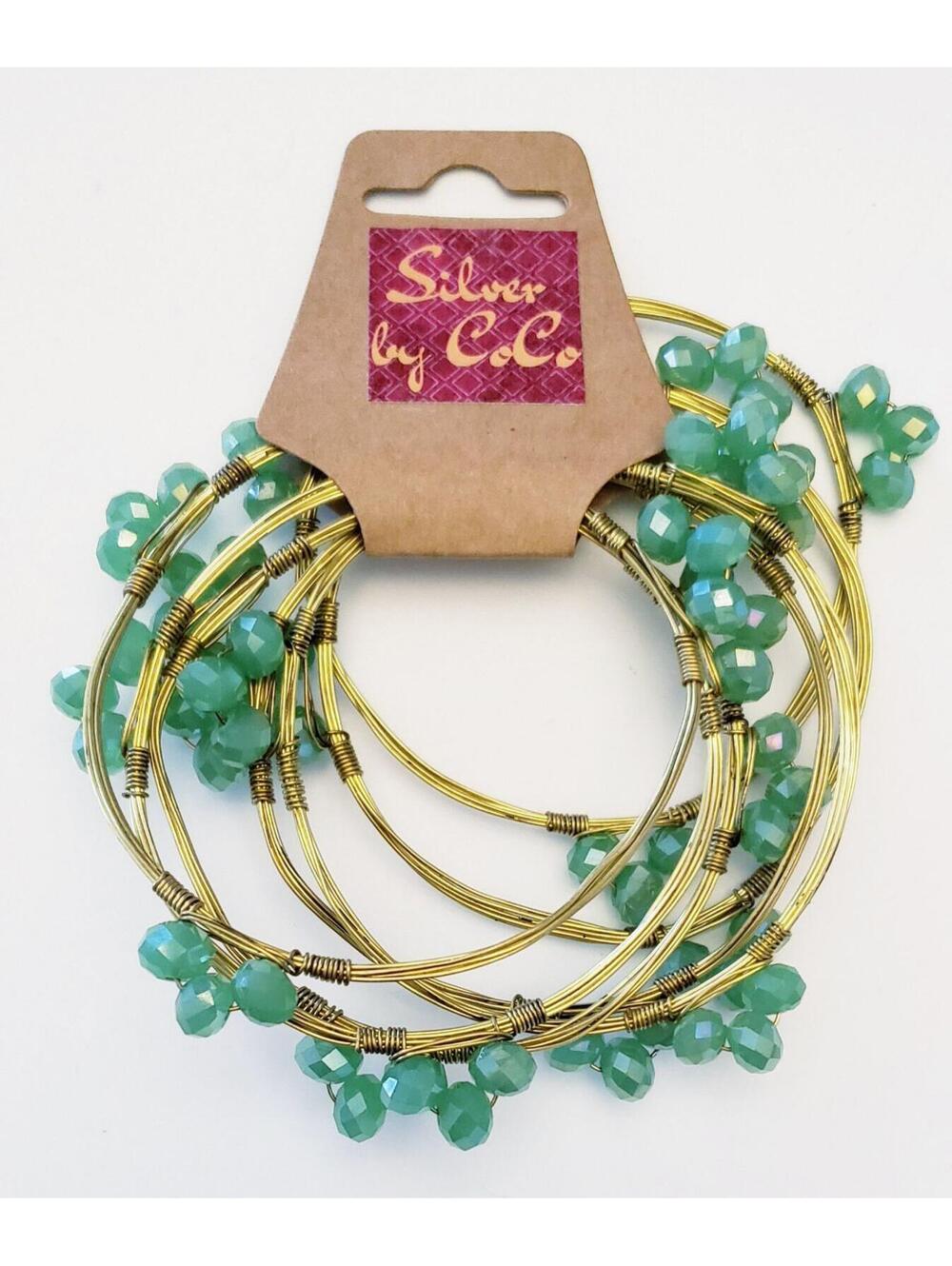 Silver by C.C. Gold Tone Wire Bracelets with Green Beads Set of 7